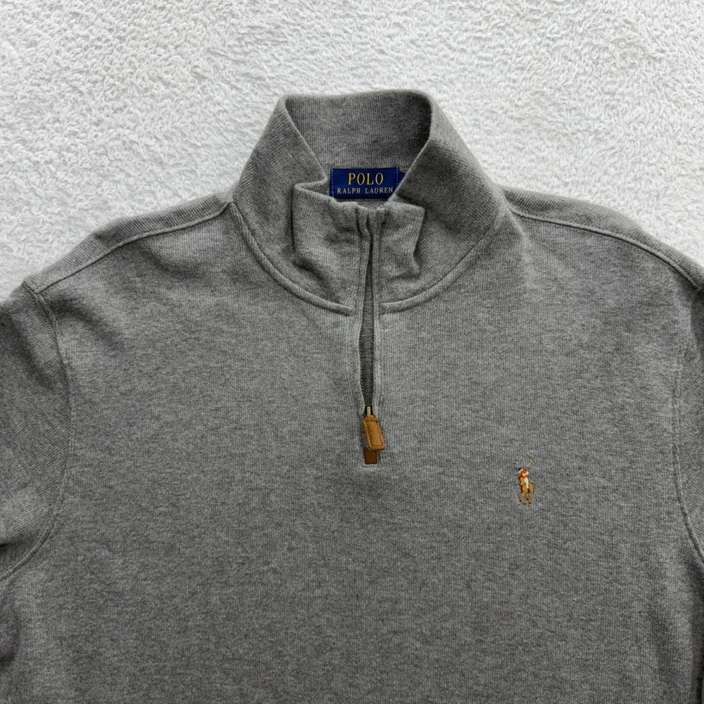 Polo Ralph Lauren Mens Large Gray Cotton Quarter Zip Pullover Sweater Mock Neck